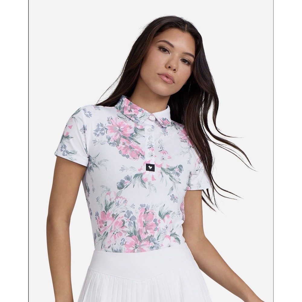 Bad Birdie Spring Showers Floral Performance Polo Golf Tennis Stretch Small